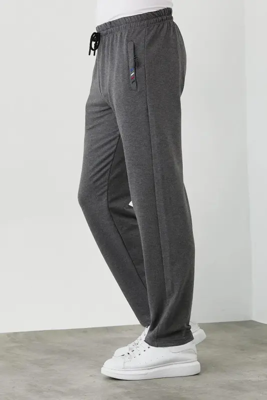Black-Anthracite-Navy Blue Men's 3-Piece Tracksuit Bottoms Zipper Pocket Embroidered Detail Straight Leg Regular Fit-Black - 3