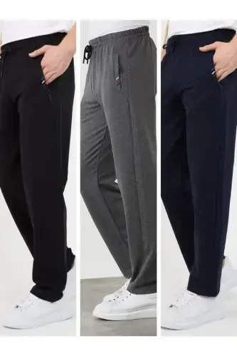 Black-Anthracite-Navy Blue Men's 3-Piece Tracksuit Bottoms Zipper Pocket Embroidered Detail Straight Leg Regular Fit-Black - 1