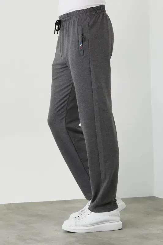 Black-Anthracite-Navy Blue Men's 3-Piece Tracksuit Bottoms Zipper Pocket Embroidered Detail Straight Leg Regular Fit-Black - 3