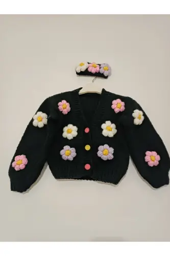 Black Baby Cardigan with Flowers 