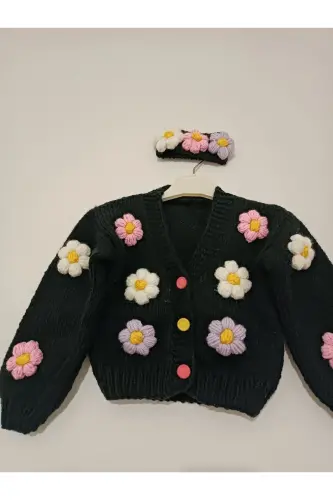 Black Baby Cardigan with Flowers - EL ÖRGÜSÜ CİCİ BEBE (1)