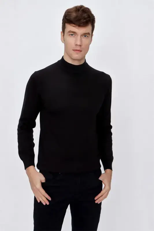 Black Basic Dynamic Fit Comfort Fit Half Turtleneck Knit Sweater - 1