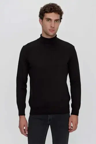 Black Basic Dynamic Fit Comfort Fit Turtleneck Knit Sweater - 1