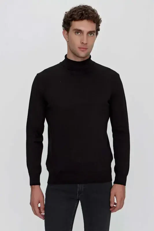 Black Basic Dynamic Fit Comfort Fit Turtleneck Knit Sweater - 1