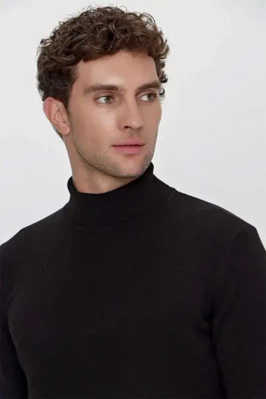 Black Basic Dynamic Fit Comfort Fit Turtleneck Knit Sweater - 4