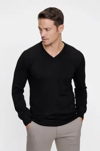 Black Basic Dynamic Fit Relaxed Fit V-Neck Knitted Sweater - 3