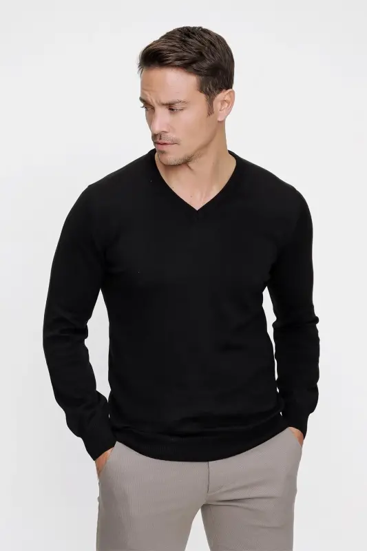 Black Basic Dynamic Fit Relaxed Fit V-Neck Knitted Sweater - 3