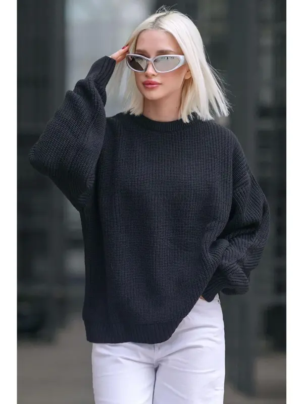 Black Basic Knitted Sweater Mg1304-Black - 3