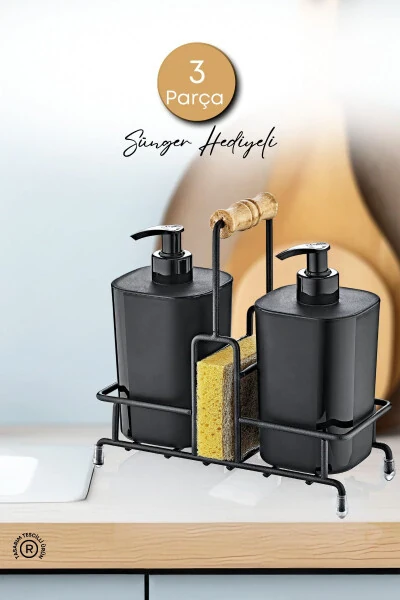 Black Begonia Dish Soap and Liquid Soap Dispenser Kitchen Set with Metal Stand - Sponge Included - GRİMOR LIFE