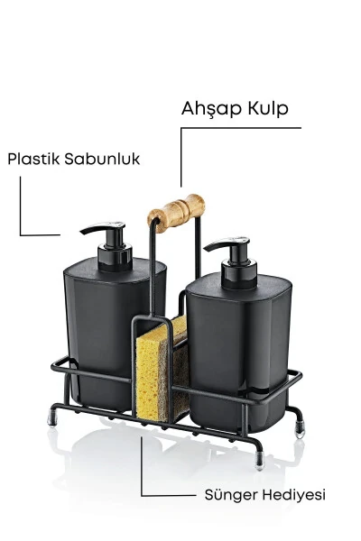 Black Begonia Dish Soap and Liquid Soap Dispenser Kitchen Set with Metal Stand - Sponge Included - GRİMOR LIFE (1)