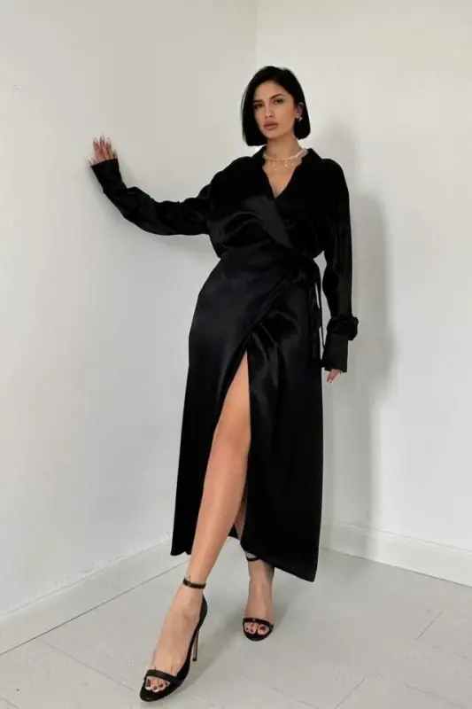 Black Belted Shirt Dress - BÜYÜKBEDENIZ