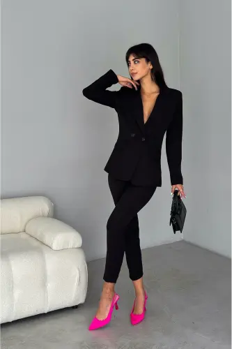 Black Blazer Jacket and Carrot Trousers Suit 