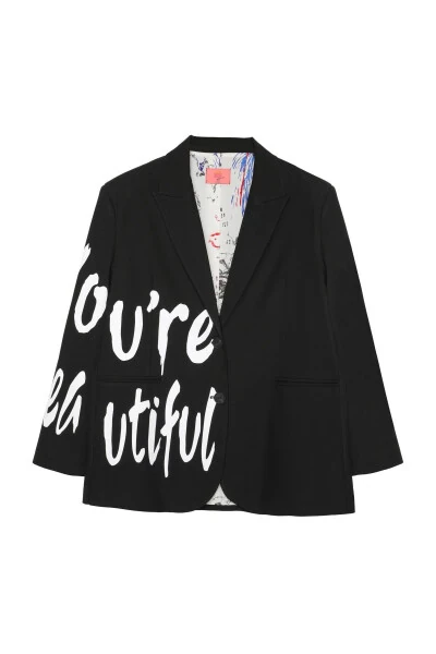 Black Blazer Jacket with Shawl Pattern Lining - QUZU (1)