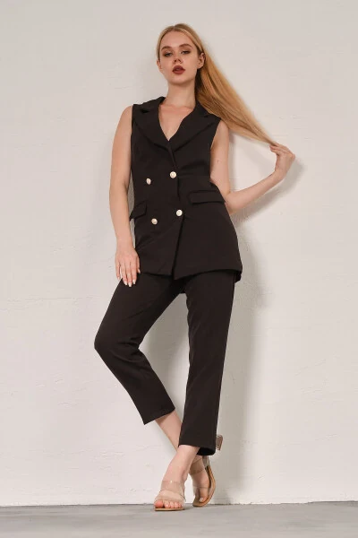 Black Blazer Vest Straight Leg Trousers Satin Fabric Suit Dress - Modazone