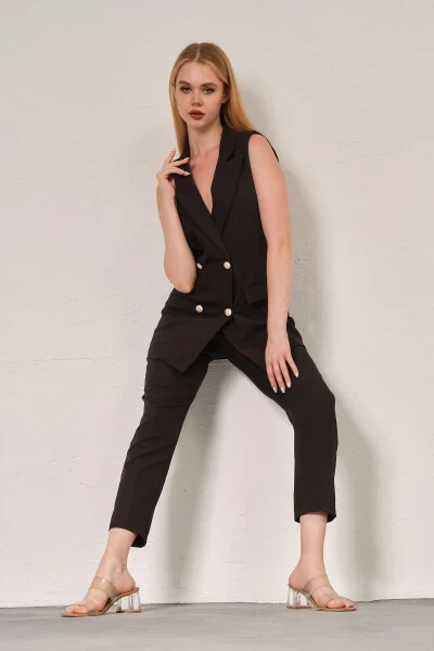 Black Blazer Vest Straight Leg Trousers Satin Fabric Suit Dress - Modazone (1)
