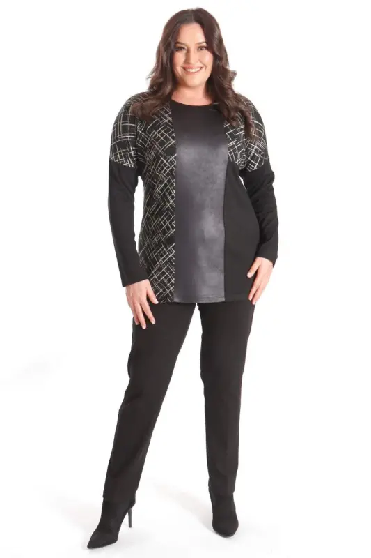 Black Blouse with Front Leather Detail and Trim in Plus Size - 4