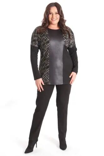 Black Blouse with Front Leather Detailed Panels in Plus Size - 4