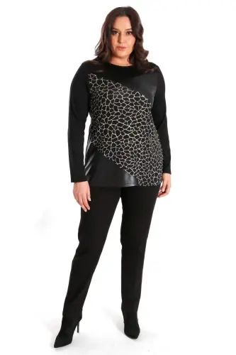 Black Blouse with Leather Detail and Front Panel in Plus Size - BÜYÜKBEDENIZ (1)