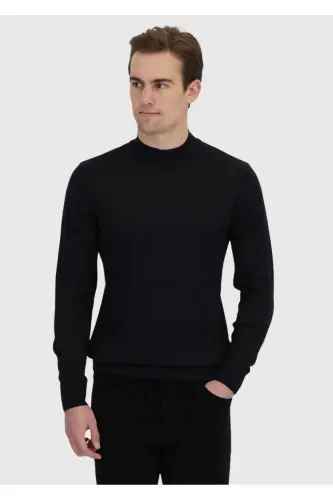 Black Boat Neck Plain Knit Wool Blend Sweater - Black - 1