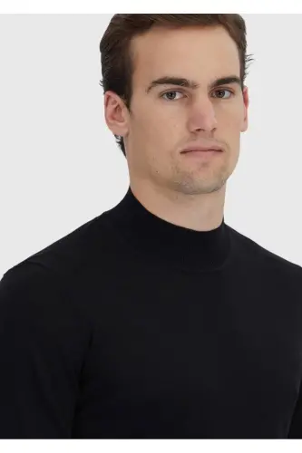 Black Boat Neck Plain Knit Wool Blend Sweater - Black - 3