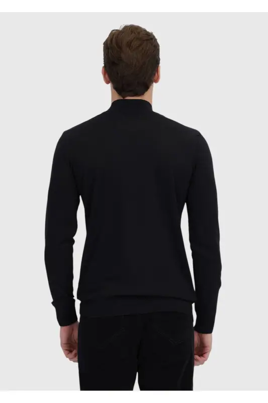 Black Boat Neck Plain Knit Wool Blend Sweater - Black - 5