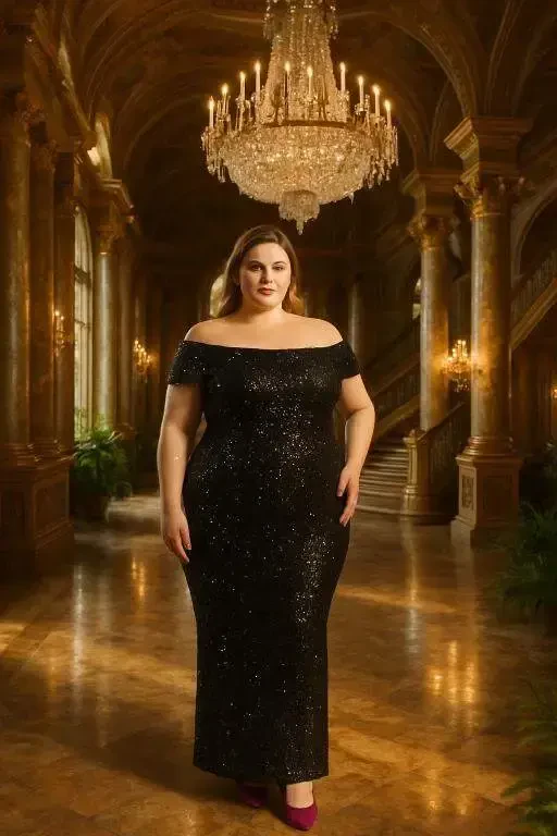 Black Boat Neck Slit Long Sequined Plus Size Dress ND610 - BÜYÜKBEDENIZ