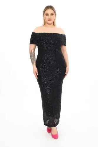 Black Boat Neck Slit Long Sequined Plus Size Dress ND610 - BÜYÜKBEDENIZ (1)