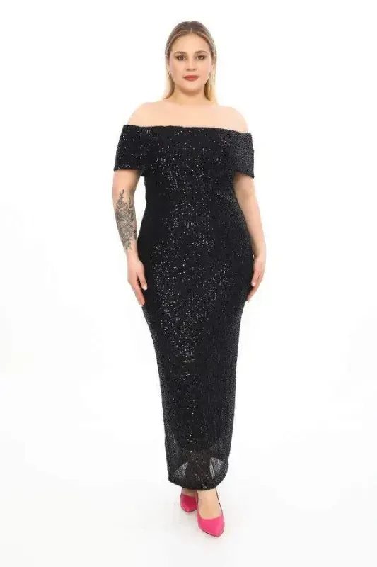Black Boat Neck Slit Long Sequined Plus Size Dress ND610 - 2