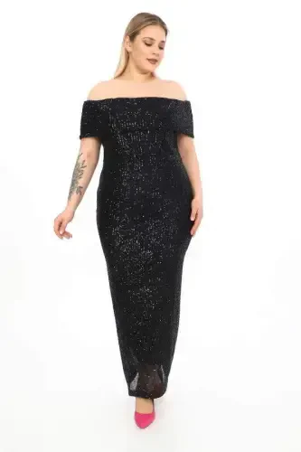 Black Boat Neck Slit Long Sequined Plus Size Dress ND610 - 3