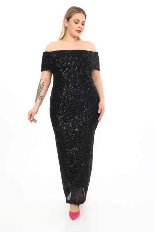 Black Boat Neck Slit Long Sequined Plus Size Dress ND610 - 3