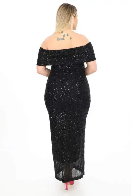 Black Boat Neck Slit Long Sequined Plus Size Dress ND610 - 5