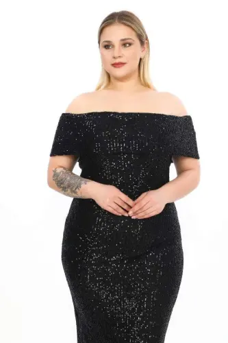 Black Boat Neck Slit Long Sequined Plus Size Dress ND610 - 4
