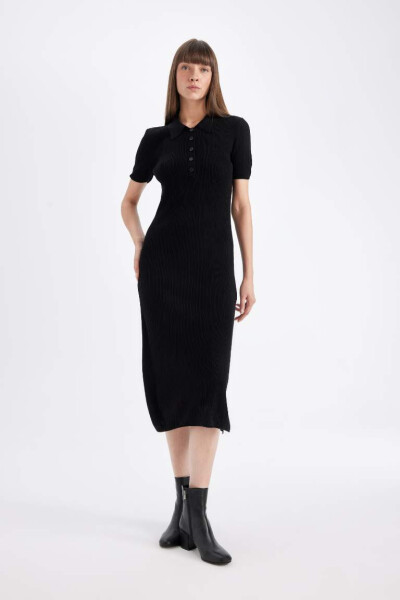 Black Bodycon Polo Neck Fitted Ribbed Half Sleeve Midi Dress - 1