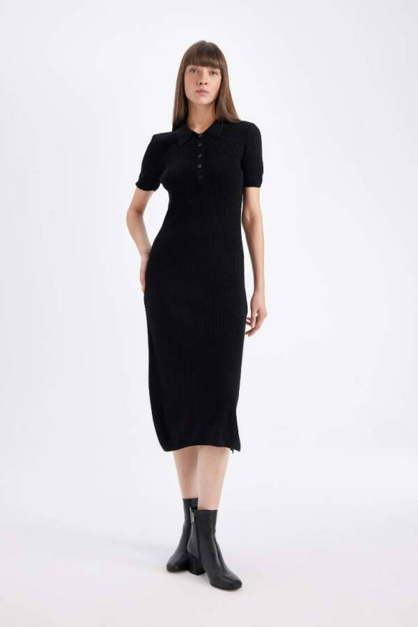 Black Bodycon Polo Neck Fitted Ribbed Half Sleeve Midi Dress - 1