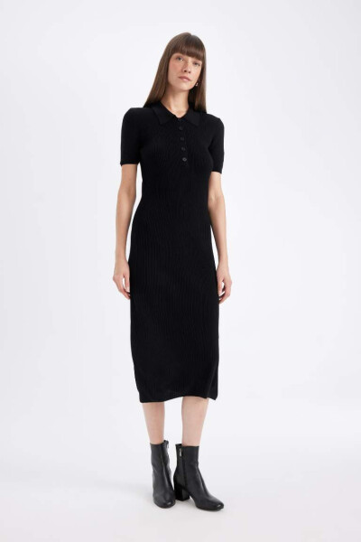 Black Bodycon Polo Neck Fitted Ribbed Half Sleeve Midi Dress - 2