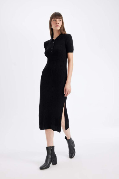 Black Bodycon Polo Neck Fitted Ribbed Half Sleeve Midi Dress - 3