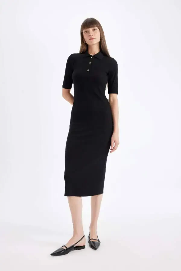 Black Bodycon Polo Neck Fitted Ribbed Half Sleeve Midi Dress - 1