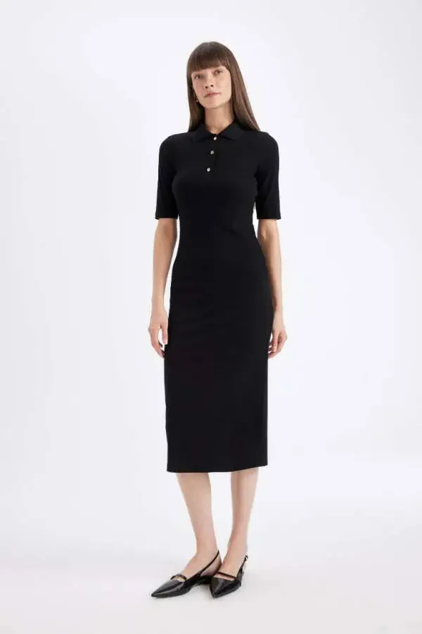 Black Bodycon Polo Neck Fitted Ribbed Half Sleeve Midi Dress - 2