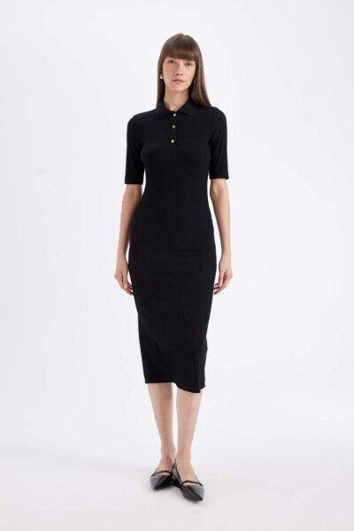 Black Bodycon Polo Neck Fitted Ribbed Half Sleeve Midi Dress - 3