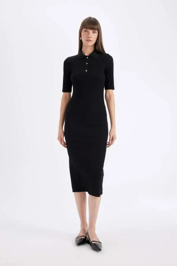 Black Bodycon Polo Neck Fitted Ribbed Half Sleeve Midi Dress - 3