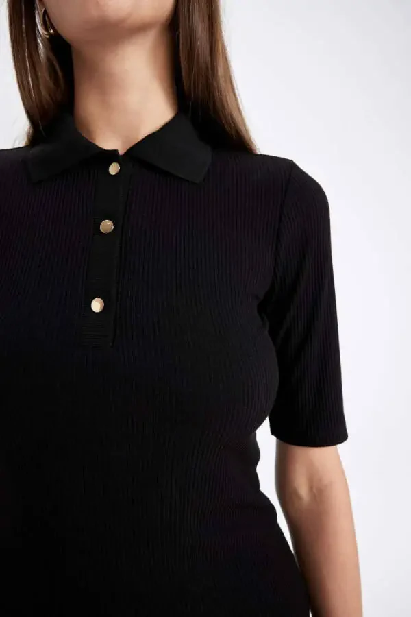 Black Bodycon Polo Neck Fitted Ribbed Half Sleeve Midi Dress - 5