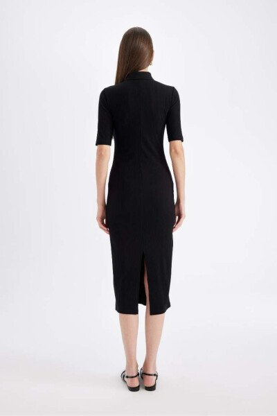 Black Bodycon Polo Neck Fitted Ribbed Half Sleeve Midi Dress - 6