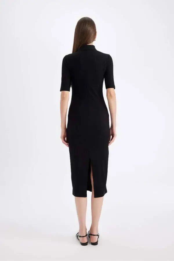 Black Bodycon Polo Neck Fitted Ribbed Half Sleeve Midi Dress - 6