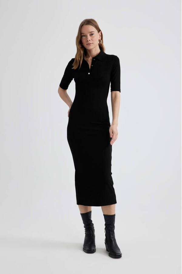 Black Bodycon Polo Neck Fitted Ribbed Half Sleeve Midi Dress - 7