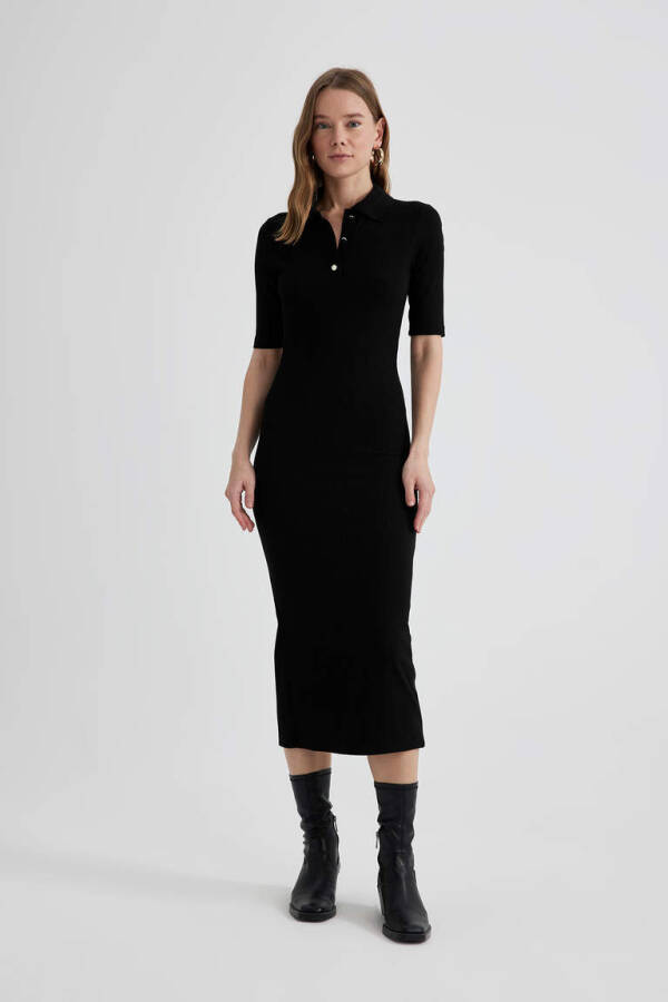 Black Bodycon Polo Neck Fitted Ribbed Half Sleeve Midi Dress - 8