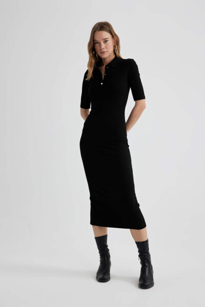 Black Bodycon Polo Neck Fitted Ribbed Half Sleeve Midi Dress - 9