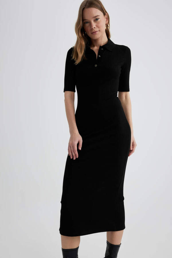 Black Bodycon Polo Neck Fitted Ribbed Half Sleeve Midi Dress - 10