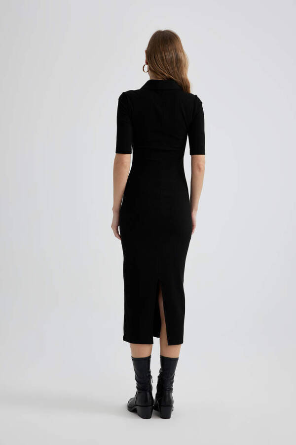 Black Bodycon Polo Neck Fitted Ribbed Half Sleeve Midi Dress - 11