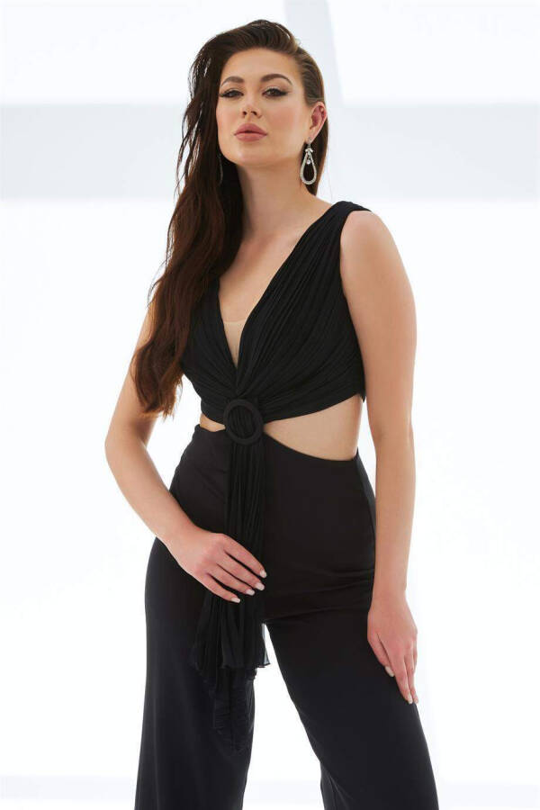 Black Bodysuit Jumpsuit with Buckle Detail - 2