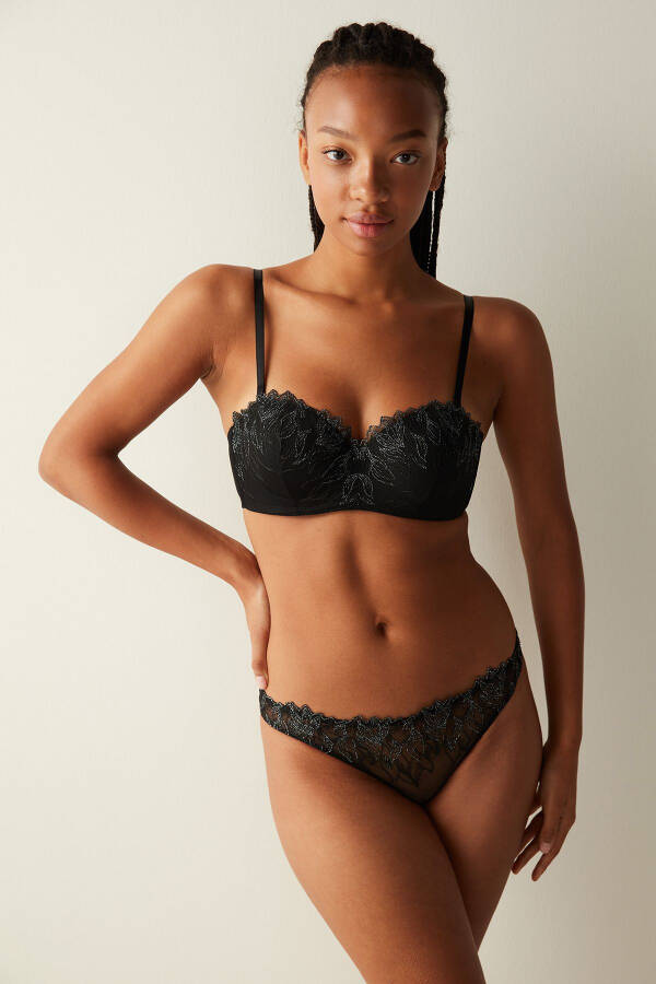 Black Bra with Lotus Embroidery Detail - 13